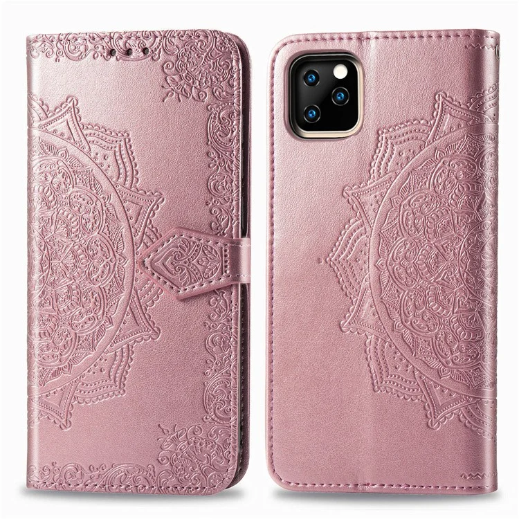 Тиснёный Мандала Цветок Кожаный Стенд Чехол для iPhone 11 Pro Max 6.5 дюймов (2019) - Розовое Золото