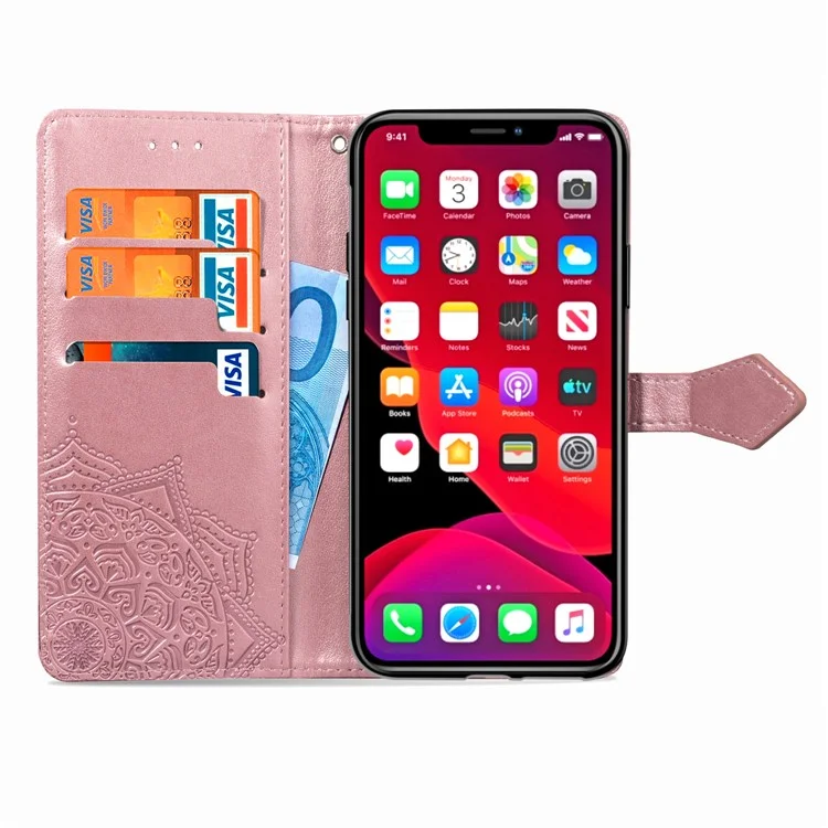 Тиснёный Мандала Цветок Кожаный Стенд Чехол для iPhone 11 Pro Max 6.5 дюймов (2019) - Розовое Золото