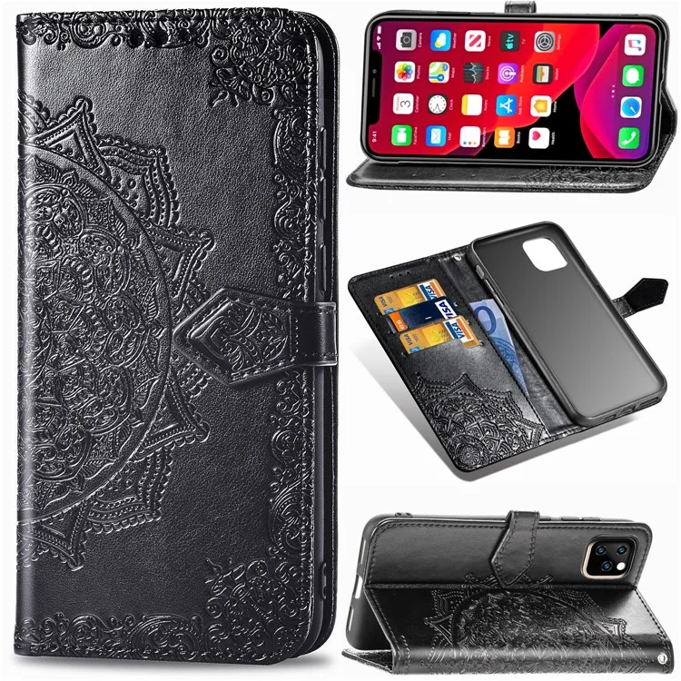 Custodia in Pelle Del Portafoglio di Fiori Mandala in Rilievo Per Iphone 11 Pro Max 6,5 Pollici (2019) - Nero