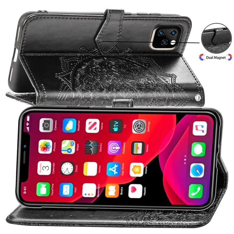 Custodia in Pelle Del Portafoglio di Fiori Mandala in Rilievo Per Iphone 11 Pro Max 6,5 Pollici (2019) - Nero
