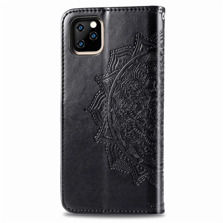 Custodia in Pelle Del Portafoglio di Fiori Mandala in Rilievo Per Iphone 11 Pro Max 6,5 Pollici (2019) - Nero