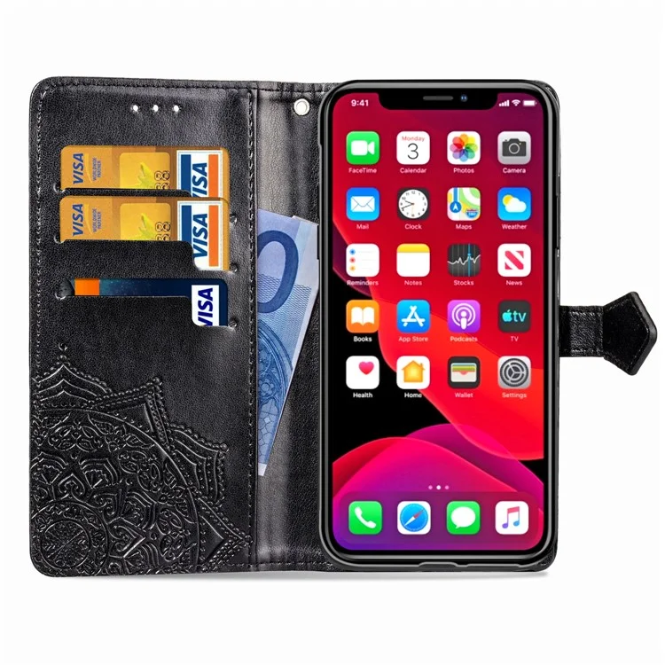 Custodia in Pelle Del Portafoglio di Fiori Mandala in Rilievo Per Iphone 11 Pro Max 6,5 Pollici (2019) - Nero