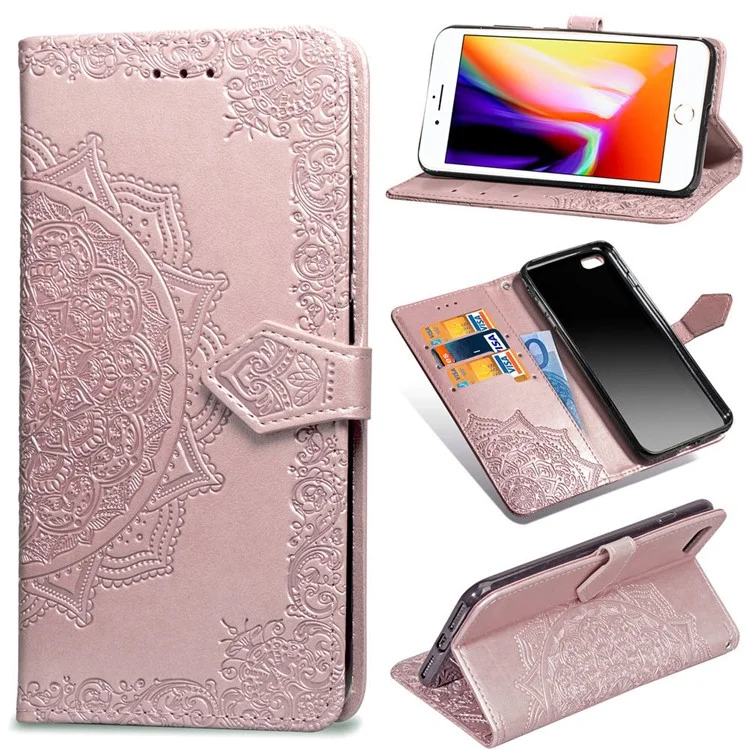 Carteira de Couro com Estampa Mandala em Relevo para iPhone SE (2020)/SE (2022)/8/7 - Ouro Rosa