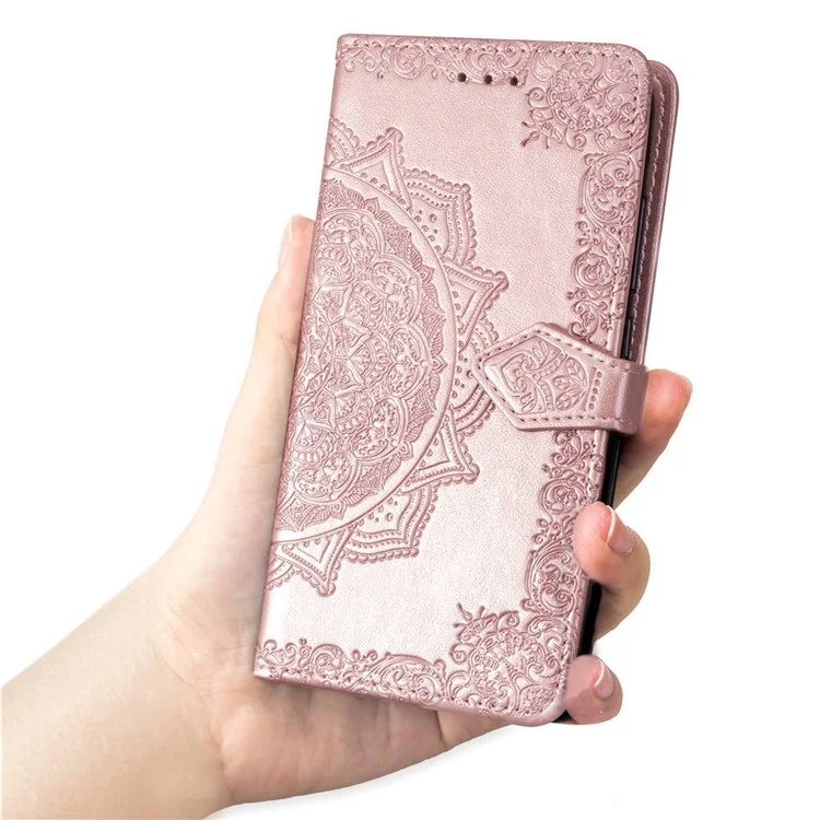 Carteira de Couro com Estampa Mandala em Relevo para iPhone SE (2020)/SE (2022)/8/7 - Ouro Rosa