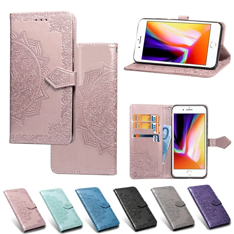 Geprägte Mandala Blumen -leder -brieftasche Für Das Iphone SE (2020)/SE (2022)/8/7 - Roségold