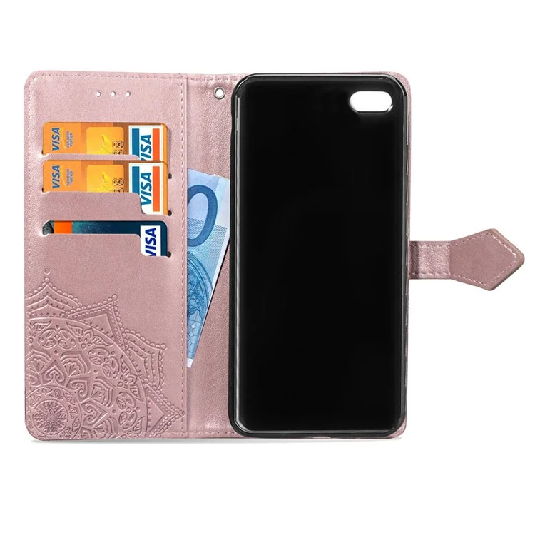 Carteira de Couro com Estampa Mandala em Relevo para iPhone SE (2020)/SE (2022)/8/7 - Ouro Rosa
