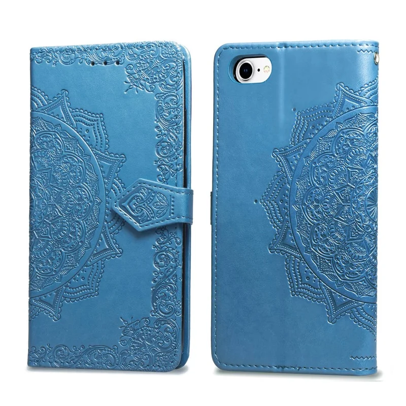 Cartera de Piel con Relieve de Flor de Mandala para iPhone SE (2020)/SE (2022)/8/7 - Azul