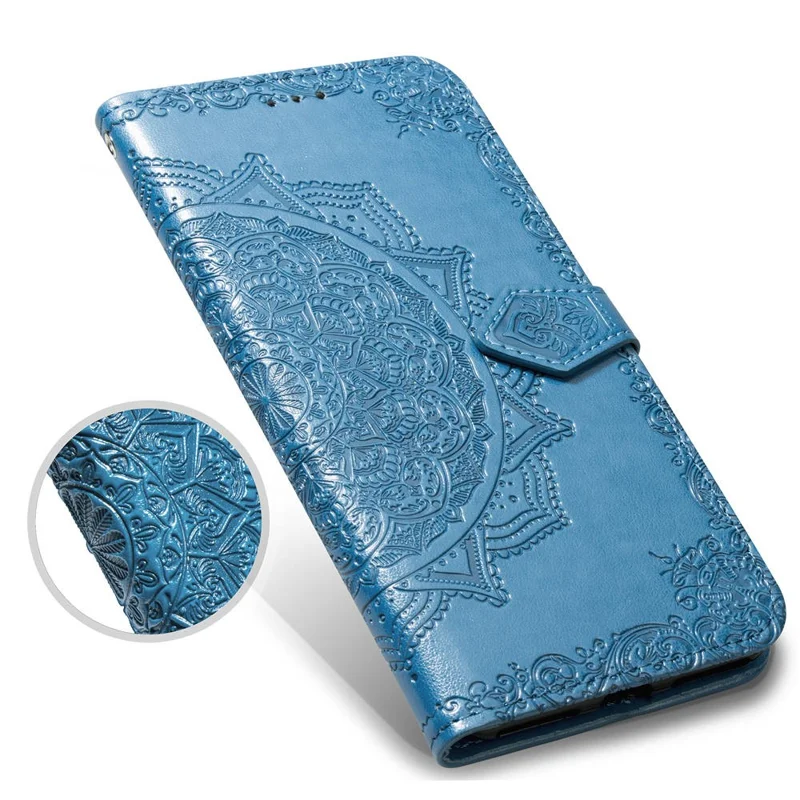 Cartera de Piel con Relieve de Flor de Mandala para iPhone SE (2020)/SE (2022)/8/7 - Azul