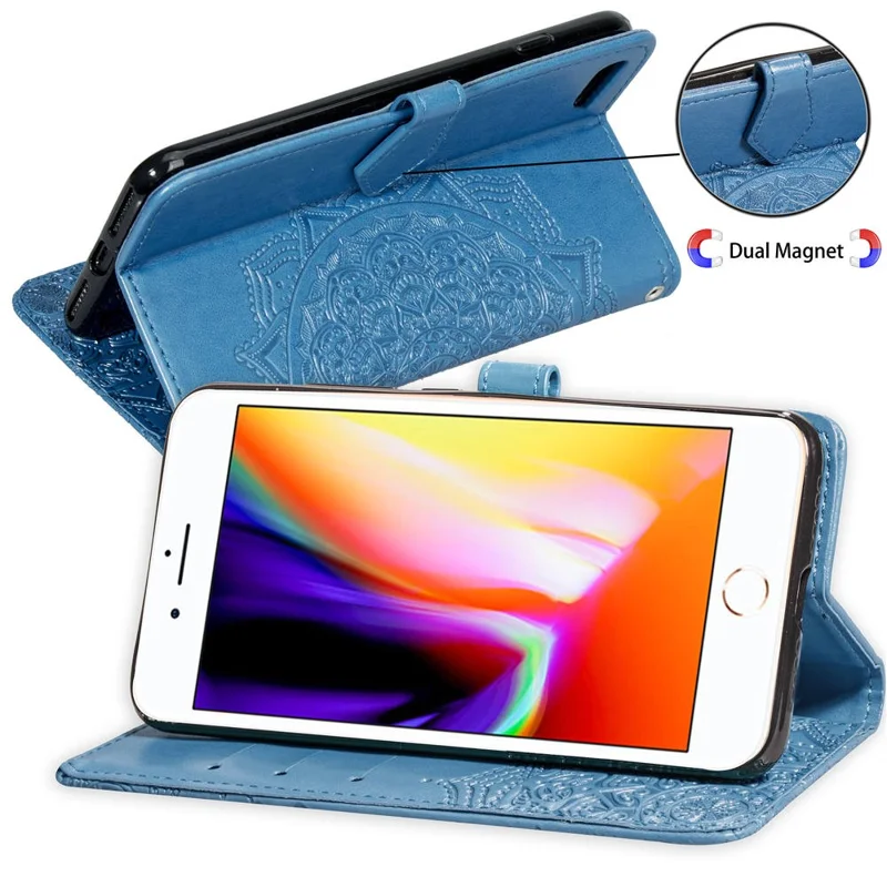 Cartera de Piel con Relieve de Flor de Mandala para iPhone SE (2020)/SE (2022)/8/7 - Azul