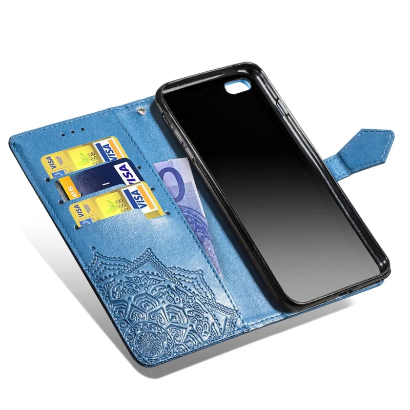 Cartera de Piel con Relieve de Flor de Mandala para iPhone SE (2020)/SE (2022)/8/7 - Azul
