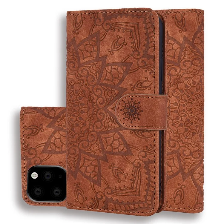 Imprint Mandala Flower Stand Wallet Lederetui Schutzhülle für iPhone 11 6.1-Zoll (2019) - Braun
