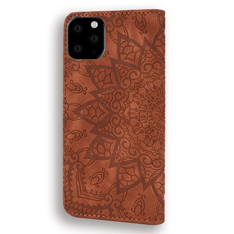 Imprint Mandala Flower Stand Wallet Lederetui Schutzhülle für iPhone 11 6.1-Zoll (2019) - Braun