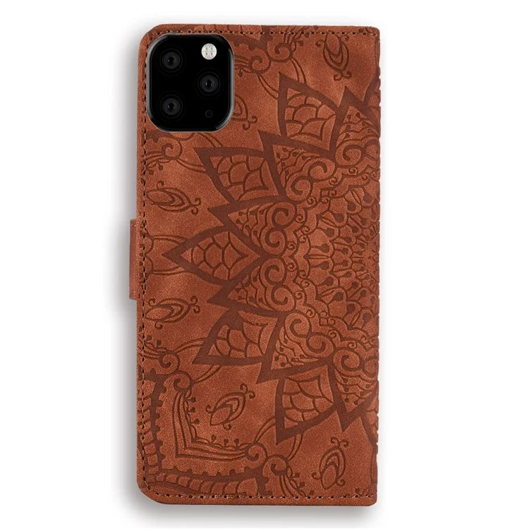 Imprint Mandala Flower Stand Wallet Lederetui Schutzhülle für iPhone 11 6.1-Zoll (2019) - Braun