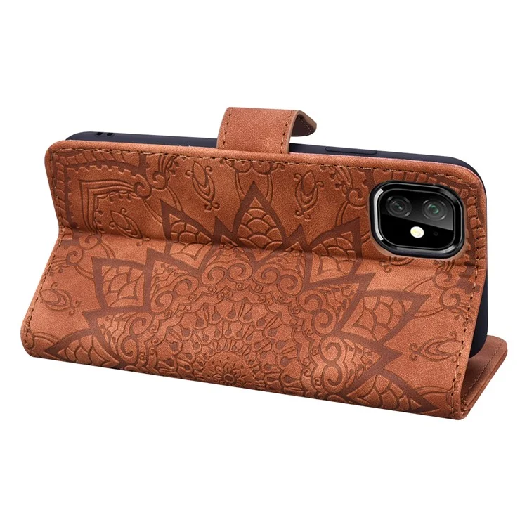 Imprint Mandala Flower Stand Wallet Lederetui Schutzhülle für iPhone 11 6.1-Zoll (2019) - Braun