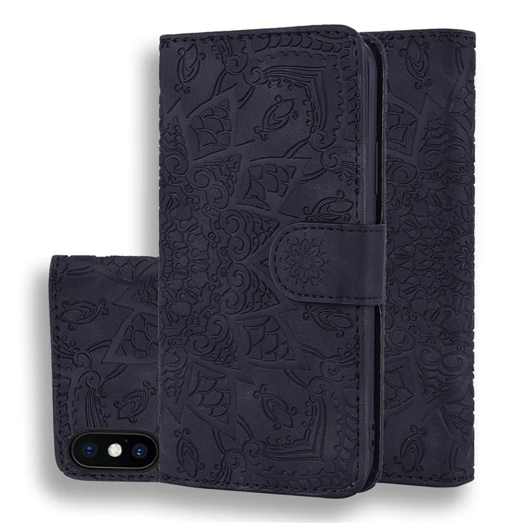 Imprint Flower Leather Wallet Case for iPhone XS/X 5.8 inch - Black