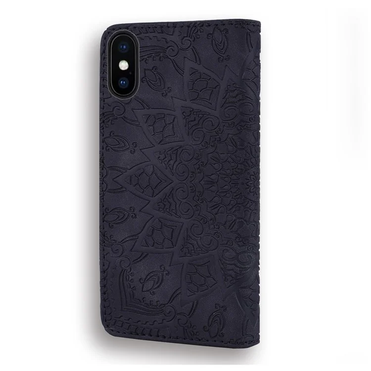 Imprint Flower Leather Wallet Case for iPhone XS/X 5.8 inch - Black