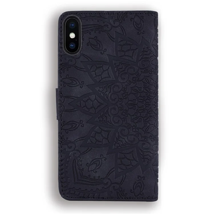 Imprint Flower Leather Wallet Case for iPhone XS/X 5.8 inch - Black