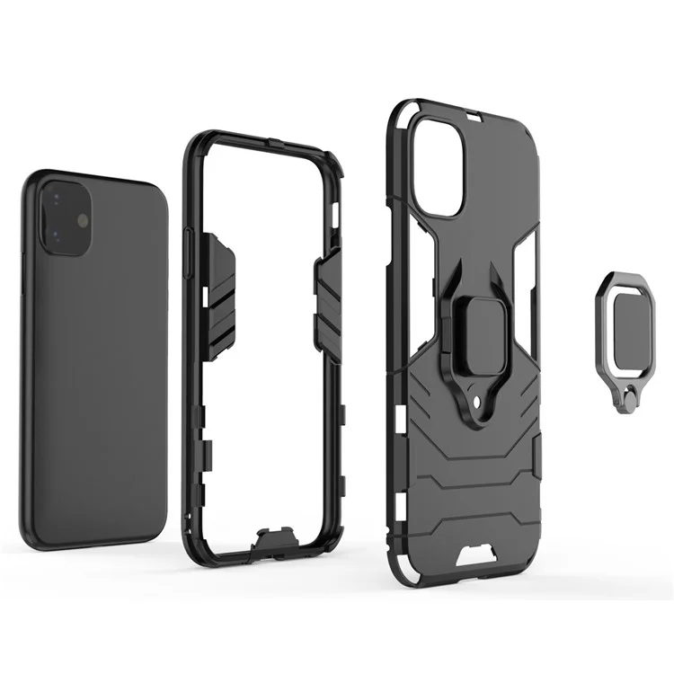 PC + TPU Combo Finger Ring Kickstand Cell Phone Cover Case pour iPhone 11 6.1 inch (2019) - Noir