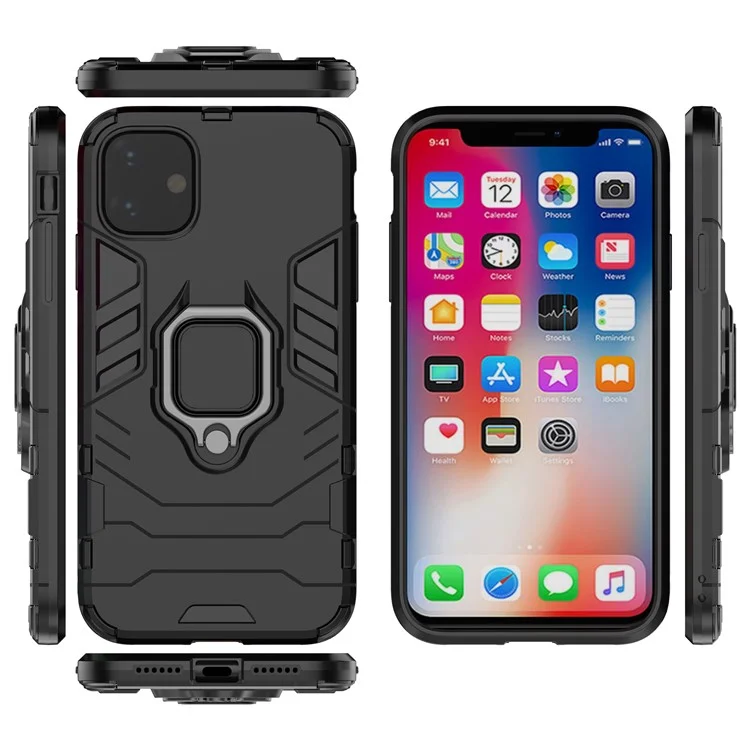 PC + TPU Combo Finger Ring Kickstand Cell Phone Cover Case pour iPhone 11 6.1 inch (2019) - Noir