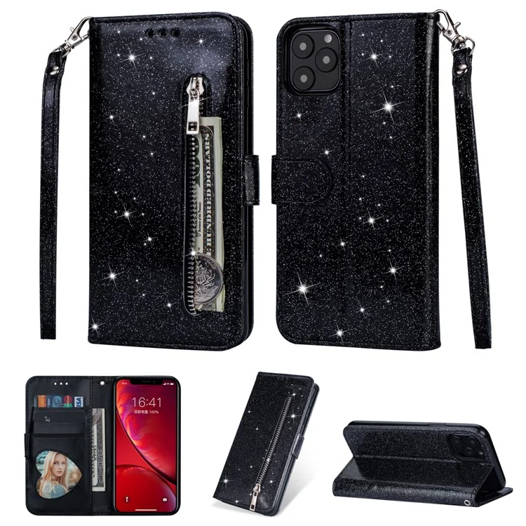 Flash Powder Zipper Pocket Wallet Flip Leather Phone Cover with Strap for iPhone 11 Pro 5.8 inch (2019) - Black