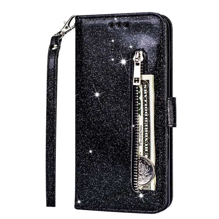 Flash Powder Zipper Pocket Wallet Flip Leather Phone Cover with Strap for iPhone 11 Pro 5.8 inch (2019) - Black