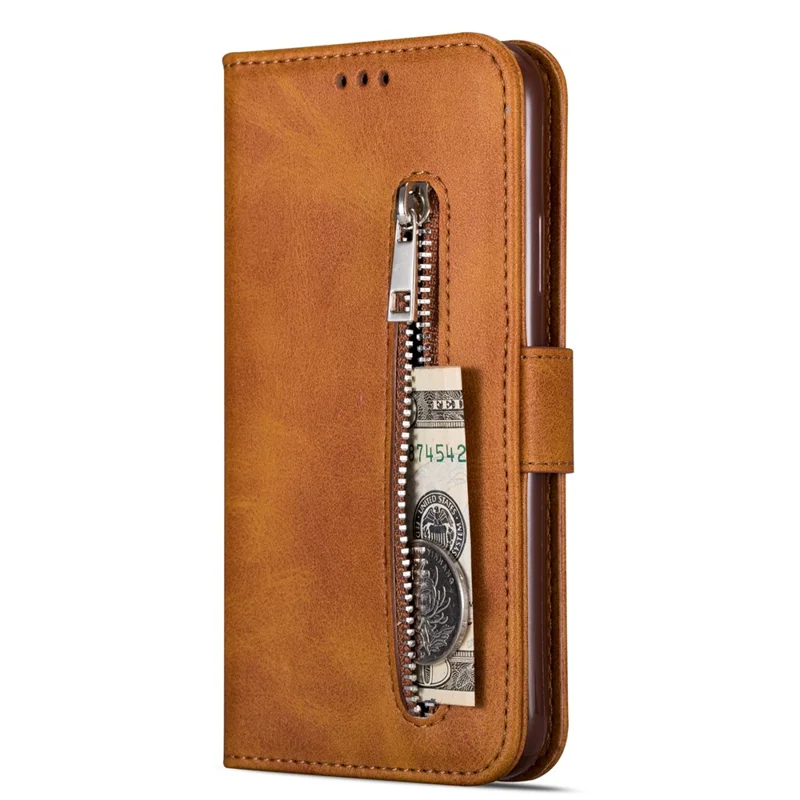 Zipper Pocket Leather Wallet Case for iPhone 11 6.1 inch (2019) - Brown