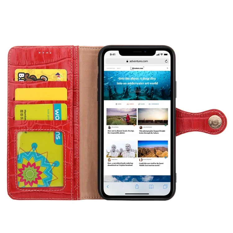 Crocodile Texture Willet Stand Case de Cuero Genuino Para Iphone 11 6.1 Pulgadas - Rojo