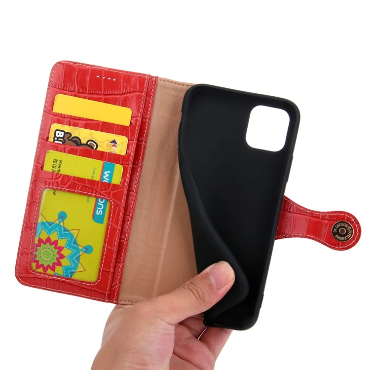 Crocodile Texture Willet Stand Case de Cuero Genuino Para Iphone 11 6.1 Pulgadas - Rojo