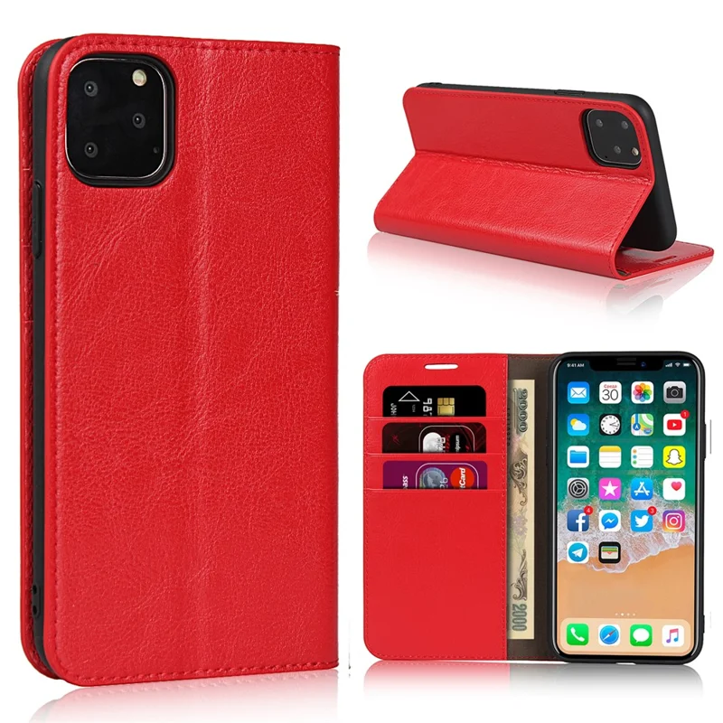 Crazy Horse Genuine Leather Case with Wallet Stand for iPhone 11 Pro Max 6.5 inch - Red