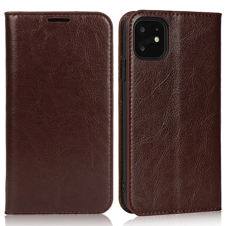 Pour iPhone 11 6.1 pouces Crazy Horse Skin Genuine Leather Case Shockproof TPU Stand Wallet Flip Folio Cover - Café