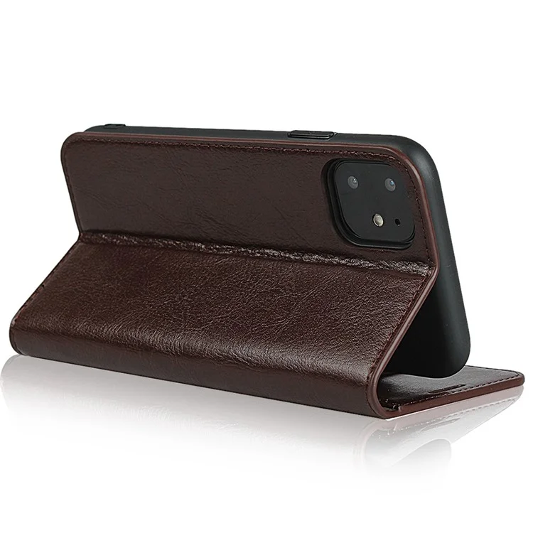 Pour iPhone 11 6.1 pouces Crazy Horse Skin Genuine Leather Case Shockproof TPU Stand Wallet Flip Folio Cover - Café