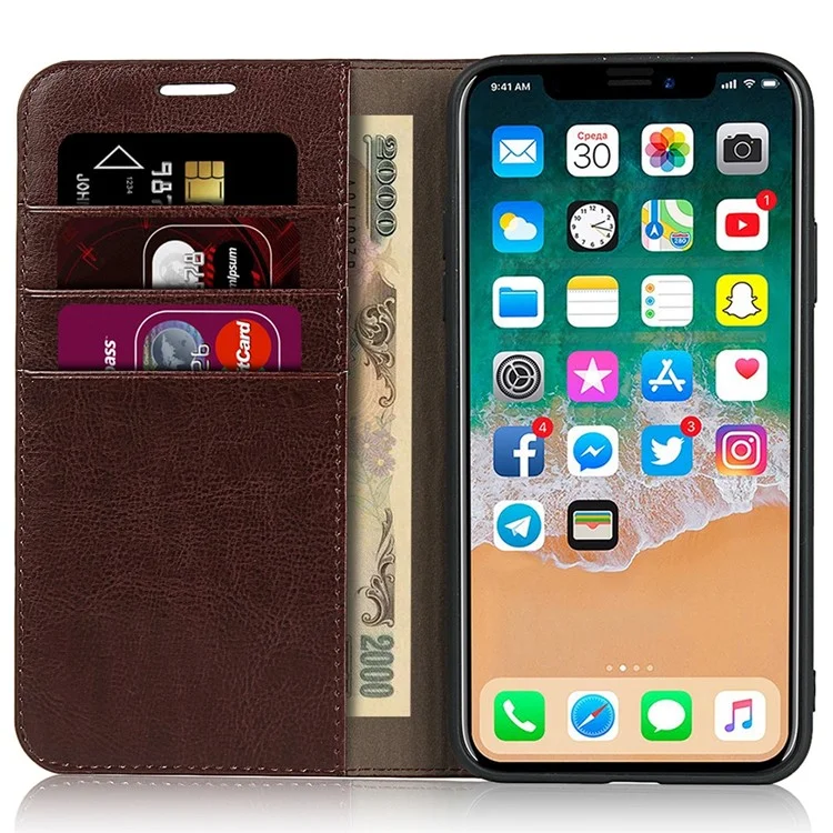 Pour iPhone 11 6.1 pouces Crazy Horse Skin Genuine Leather Case Shockproof TPU Stand Wallet Flip Folio Cover - Café