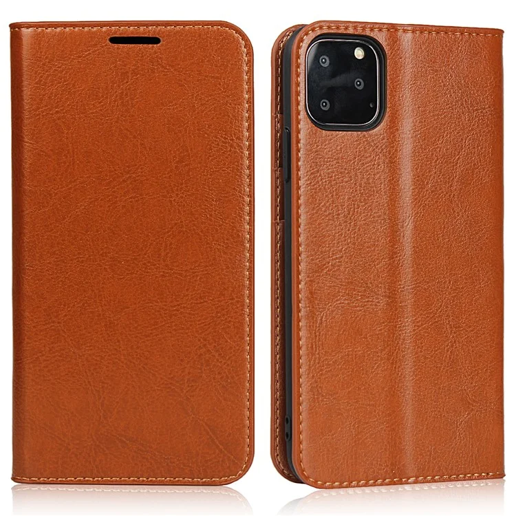 For iPhone 11 Pro 5.8 inch Crazy Horse Skin Genuine Leather Phone Case Wallet Stand Cover - Brown