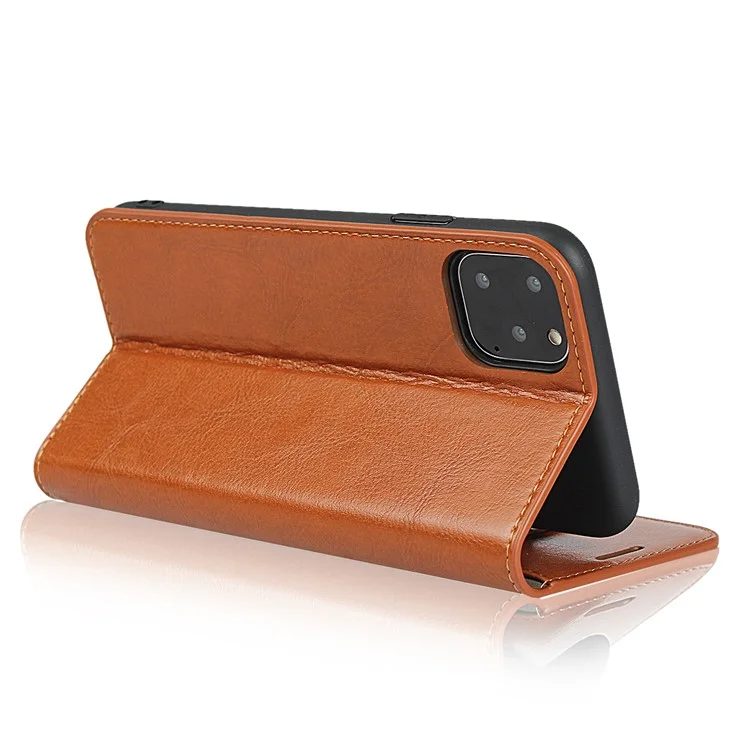 For iPhone 11 Pro 5.8 inch Crazy Horse Skin Genuine Leather Phone Case Wallet Stand Cover - Brown