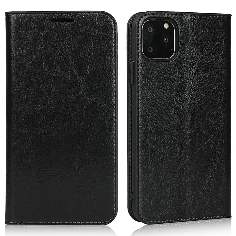 For iPhone 11 Pro 5.8 inch Crazy Horse Skin Genuine Leather Phone Case Wallet Stand Cover - Black