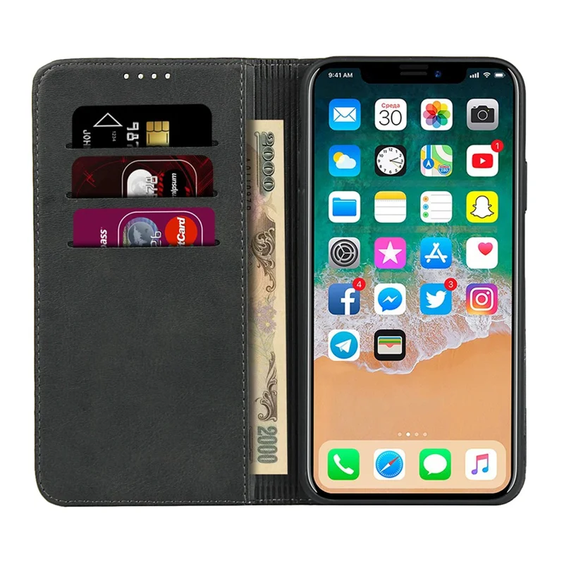 Auto-absorbed Leather Stand Phone Cover Wallet Case for iPhone 11 6.1-inch - Black