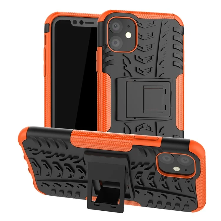 Cool Tyre Pattern PC + TPU Hybrid Case with Kickstand for iPhone 11 6.1 inch - Black / Orange