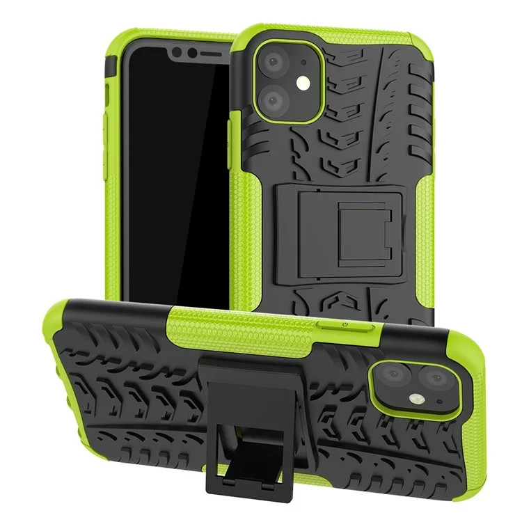 Cool Tire Pattern PC + TPU Hybrid Case с Кик -стендом Для Iphone 11 6,1 Дюйма - Черный / Зеленый