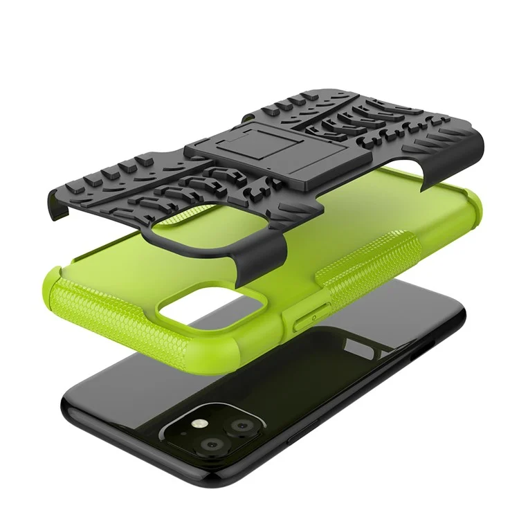 Cooles Reifenmuster PC + TPU Hybrid Case mit Standfuß für iPhone 11 6.1 Zoll - Schwarz / Grün