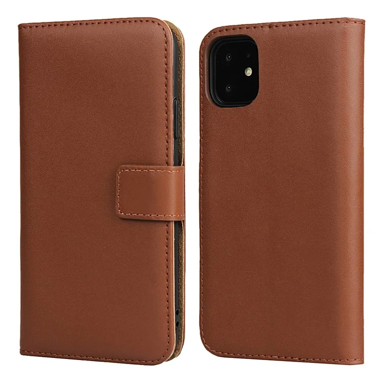 Genuine Leather Wallet Stand Cell Shell Casing for iPhone 11 6.1 inch - Brown