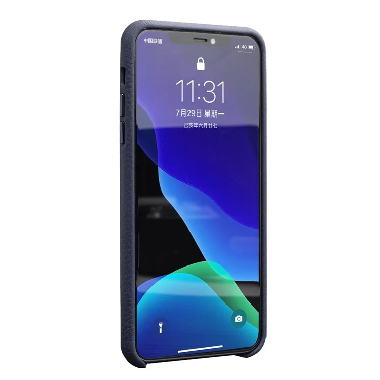 Qialino Pour Iphone 11 Pro Max 6,5 Pouces de Pouce Authentique Cuir Litchi Texture Téléphone Arrière - Bleu Foncé