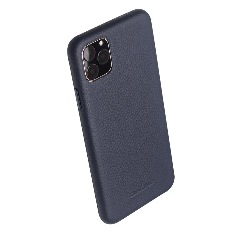 Qialino Pour Iphone 11 Pro Max 6,5 Pouces de Pouce Authentique Cuir Litchi Texture Téléphone Arrière - Bleu Foncé