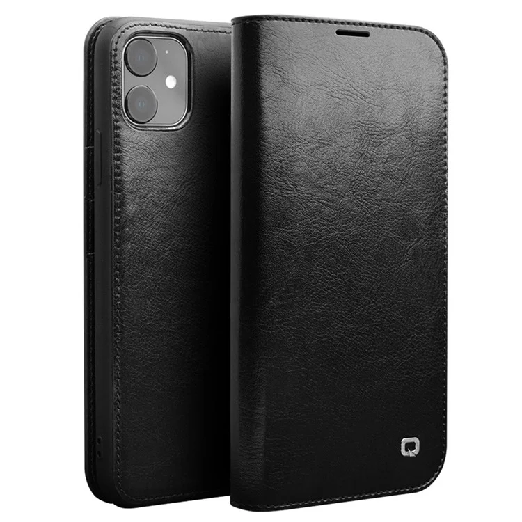 QIALINO For iPhone 11 6.1 inch Phone Case Genuine Cowhide Leather Wallet Protective Cover Shell - Black