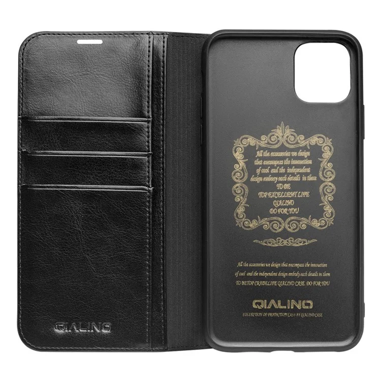 QIALINO For iPhone 11 6.1 inch Phone Case Genuine Cowhide Leather Wallet Protective Cover Shell - Black