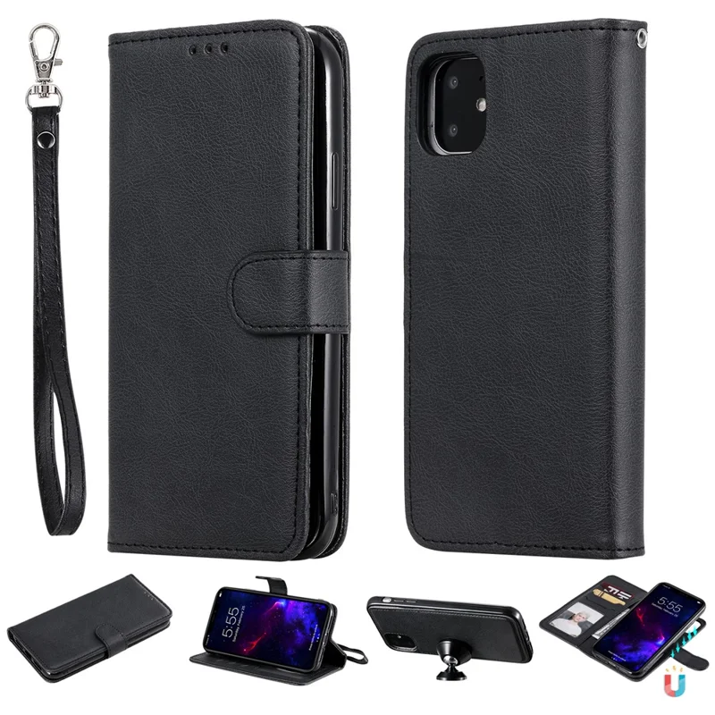 For iPhone 11 Case 2 in 1 Detachable Magnetic Leather Wallet Mobile Cover with Strap - Black