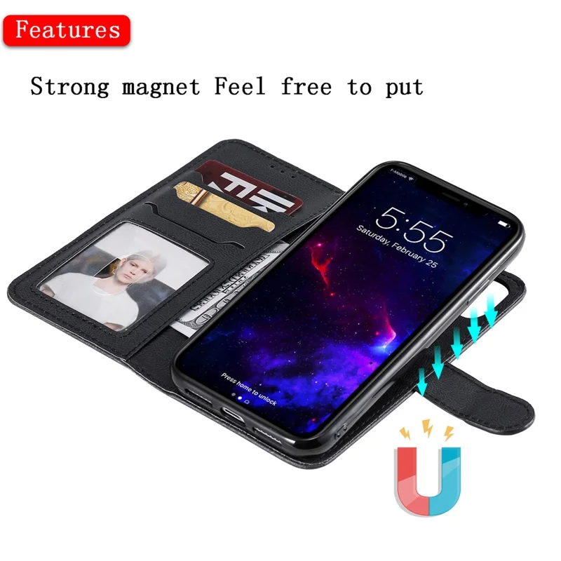 For iPhone 11 Case 2 in 1 Detachable Magnetic Leather Wallet Mobile Cover with Strap - Black