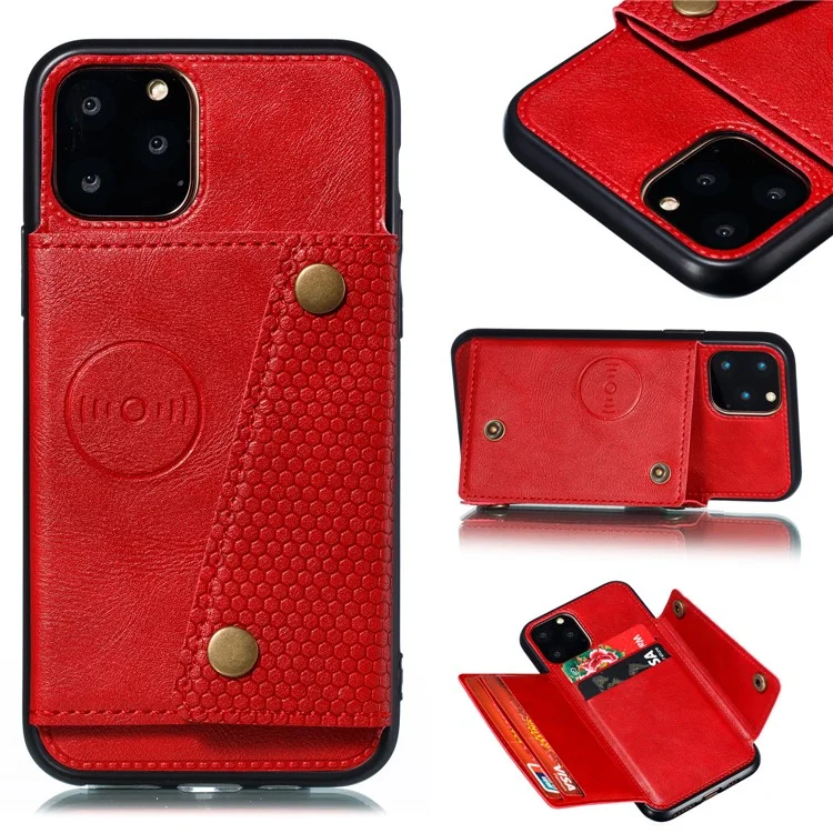 Kickstand Card Holder PU Leather Coated TPU Case for iPhone 11 6.1 inch - Red