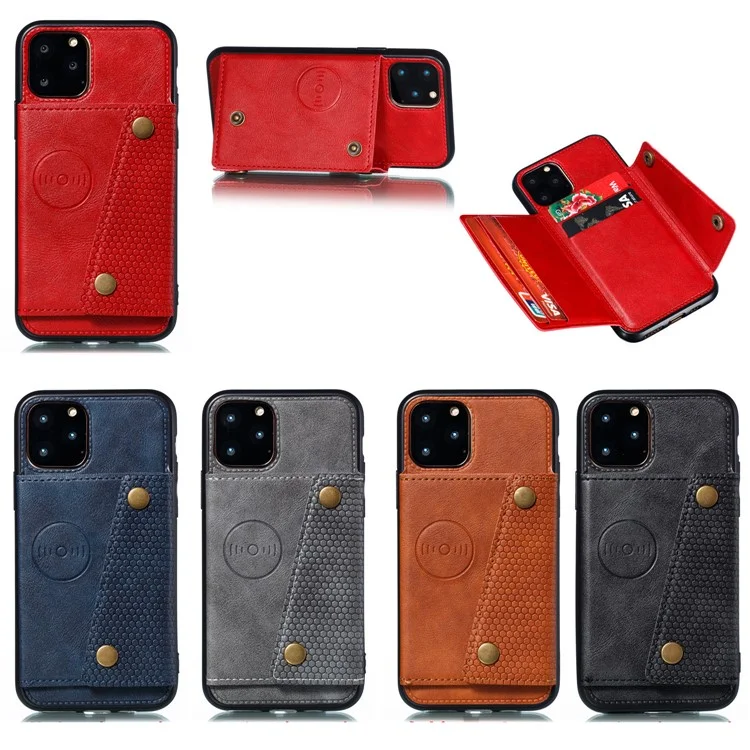 Kickstand Card Holder PU Leather Coated TPU Case for iPhone 11 6.1 inch - Red