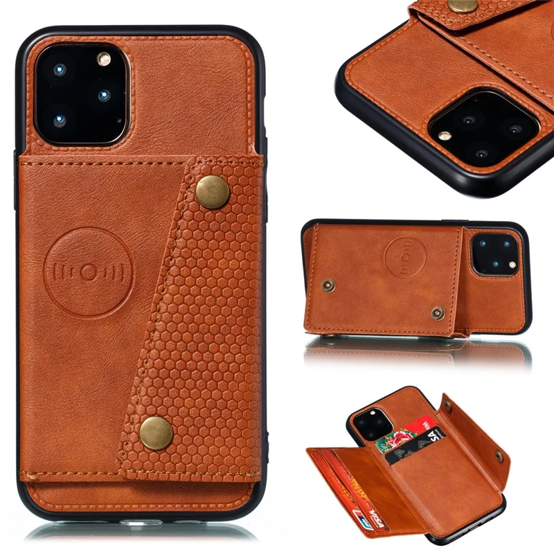 Kickstand Card Holder PU Leather Coated TPU Case for iPhone 11 6.1 inch - Brown