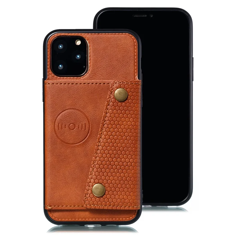 Kickstand Card Holder PU Leather Coated TPU Case for iPhone 11 6.1 inch - Brown